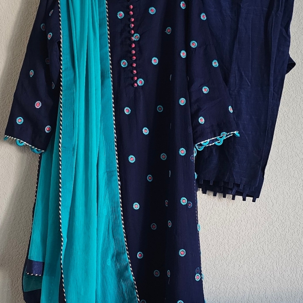 Navy Blue and Teal Embroidered Kurta Set